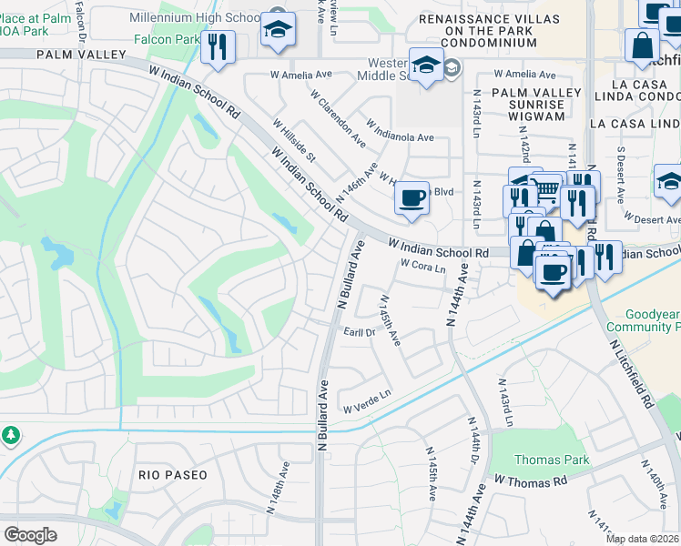 map of restaurants, bars, coffee shops, grocery stores, and more near 3284 North 146th Avenue in Goodyear