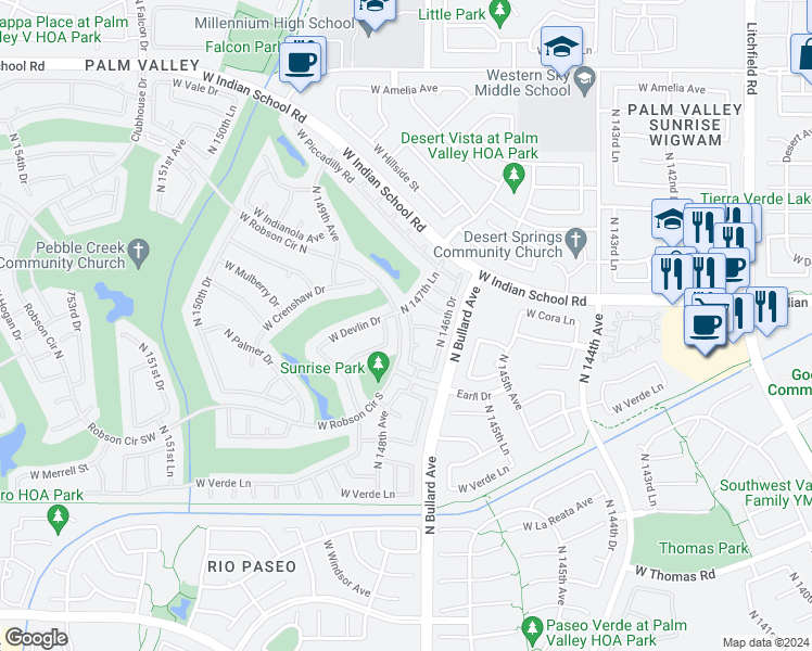 map of restaurants, bars, coffee shops, grocery stores, and more near 3310 North 147th Lane in Goodyear