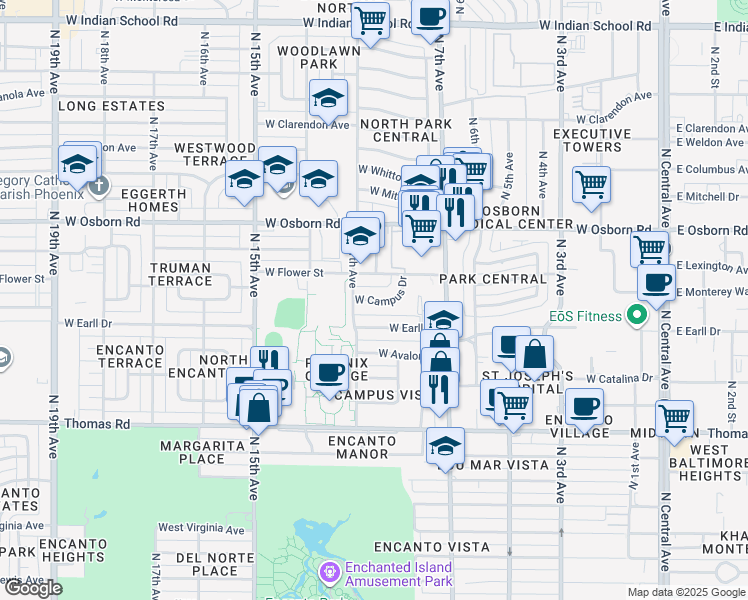 map of restaurants, bars, coffee shops, grocery stores, and more near West Campus Drive in Phoenix
