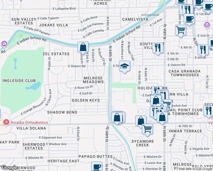 map of restaurants, bars, coffee shops, grocery stores, and more near 3201 North 63rd Place in Scottsdale