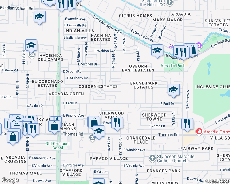 map of restaurants, bars, coffee shops, grocery stores, and more near 5114 East Cheery Lynn Road in Phoenix