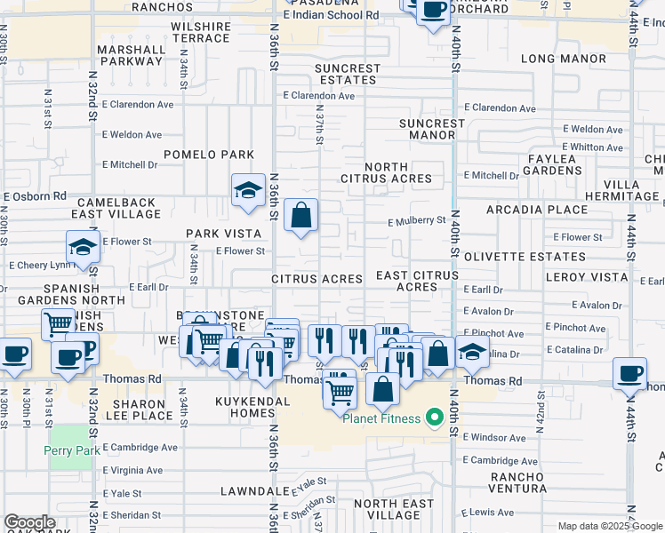 map of restaurants, bars, coffee shops, grocery stores, and more near 3705 East Cheery Lynn Road in Phoenix
