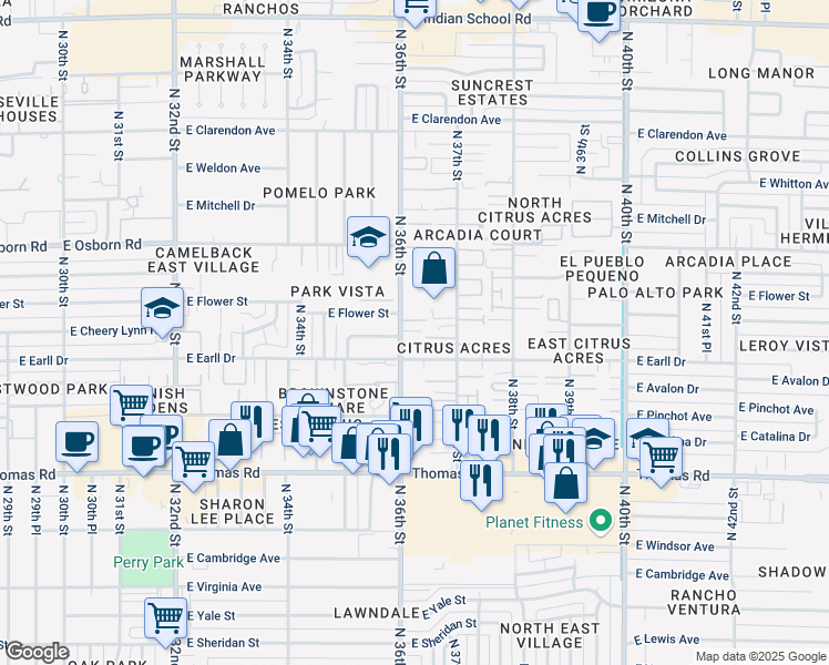 map of restaurants, bars, coffee shops, grocery stores, and more near 3101 North 36th Street in Phoenix
