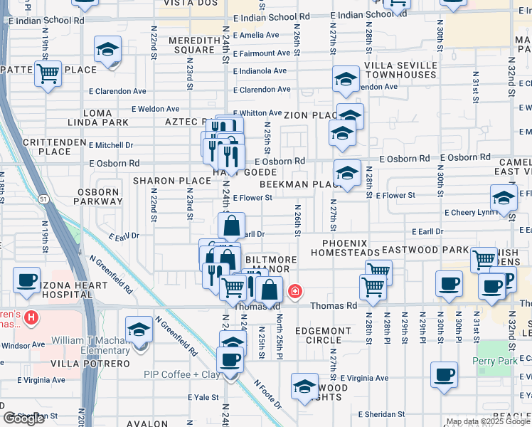 map of restaurants, bars, coffee shops, grocery stores, and more near 2511 East Cheery Lynn Road in Phoenix