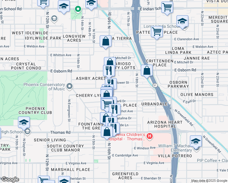 map of restaurants, bars, coffee shops, grocery stores, and more near 1619 East Cheery Lynn Road in Phoenix