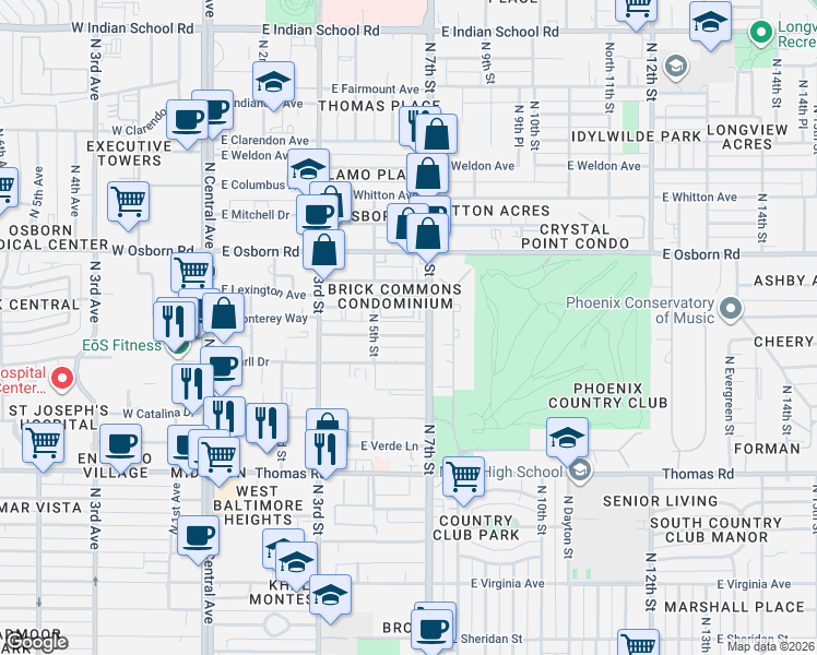 map of restaurants, bars, coffee shops, grocery stores, and more near 515 East Cheery Lynn Road in Phoenix