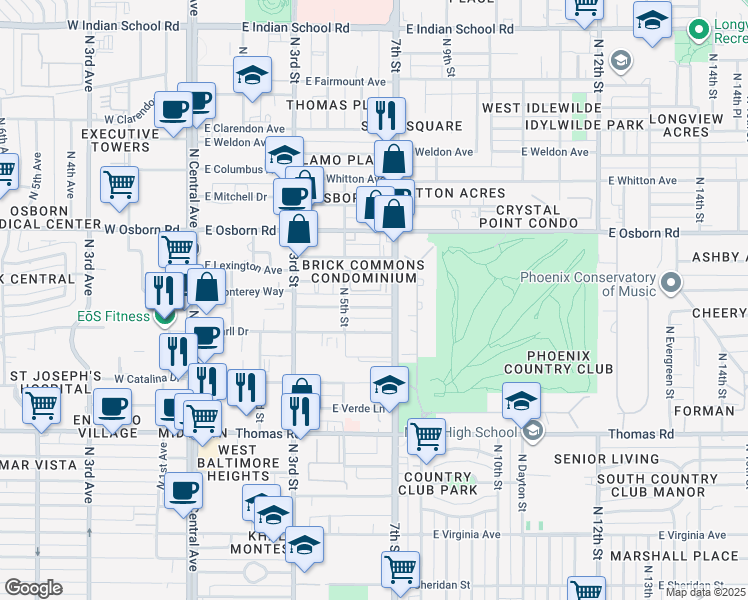 map of restaurants, bars, coffee shops, grocery stores, and more near 536 East Cheery Lynn Road in Phoenix