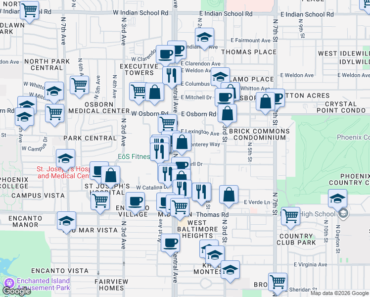 map of restaurants, bars, coffee shops, grocery stores, and more near 25 East Monterey Way in Phoenix