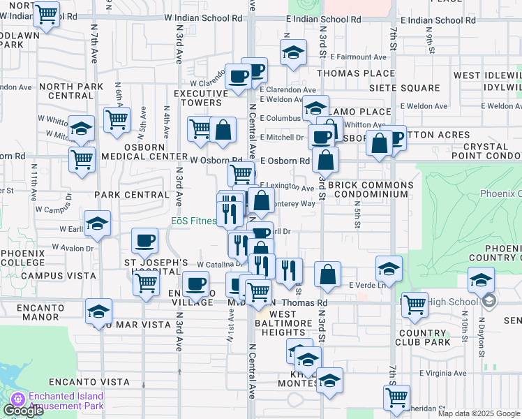 map of restaurants, bars, coffee shops, grocery stores, and more near 25 East Monterey Way in Phoenix