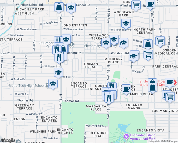 map of restaurants, bars, coffee shops, grocery stores, and more near 1634 West Earll Drive in Phoenix