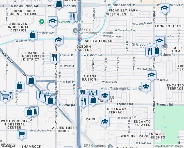map of restaurants, bars, coffee shops, grocery stores, and more near 3049 North 24th Lane in Phoenix