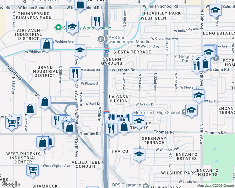 map of restaurants, bars, coffee shops, grocery stores, and more near 3049 North 24th Lane in Phoenix