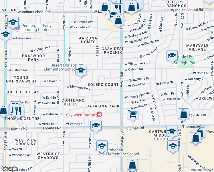 map of restaurants, bars, coffee shops, grocery stores, and more near 8429 West Monterey Way in Phoenix