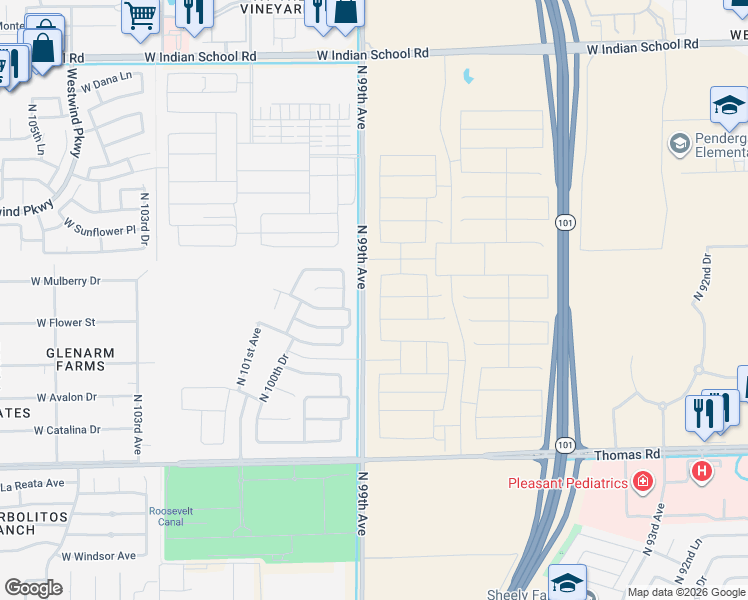 map of restaurants, bars, coffee shops, grocery stores, and more near 2918-3480 North 99th Avenue in Avondale