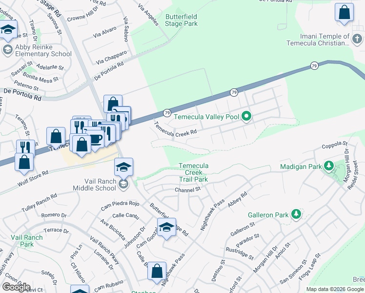 map of restaurants, bars, coffee shops, grocery stores, and more near 33659 Blue Water Way in Temecula