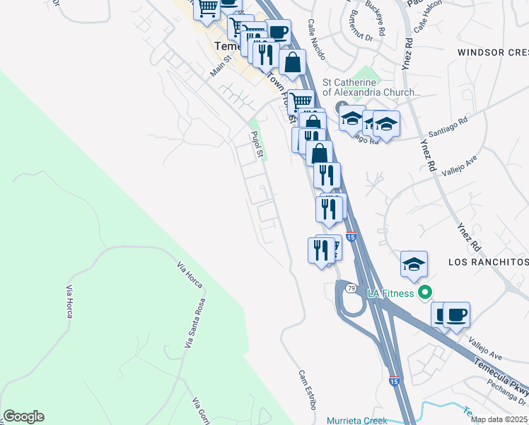 map of restaurants, bars, coffee shops, grocery stores, and more near 3 Pujol Street in Temecula