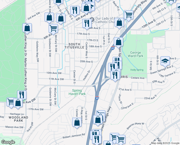map of restaurants, bars, coffee shops, grocery stores, and more near 2023 Hollins Drive in Birmingham