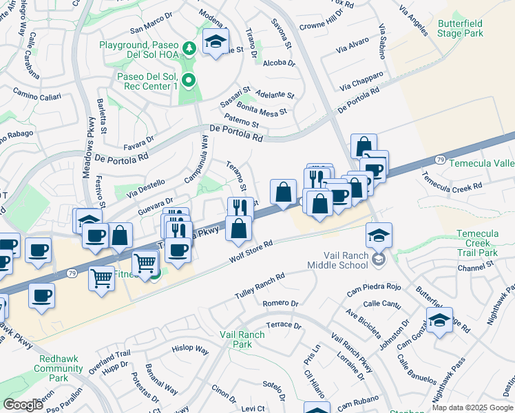 map of restaurants, bars, coffee shops, grocery stores, and more near 32921 Rovato Street in Temecula