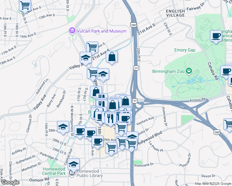 map of restaurants, bars, coffee shops, grocery stores, and more near 1822 26th Avenue South in Birmingham