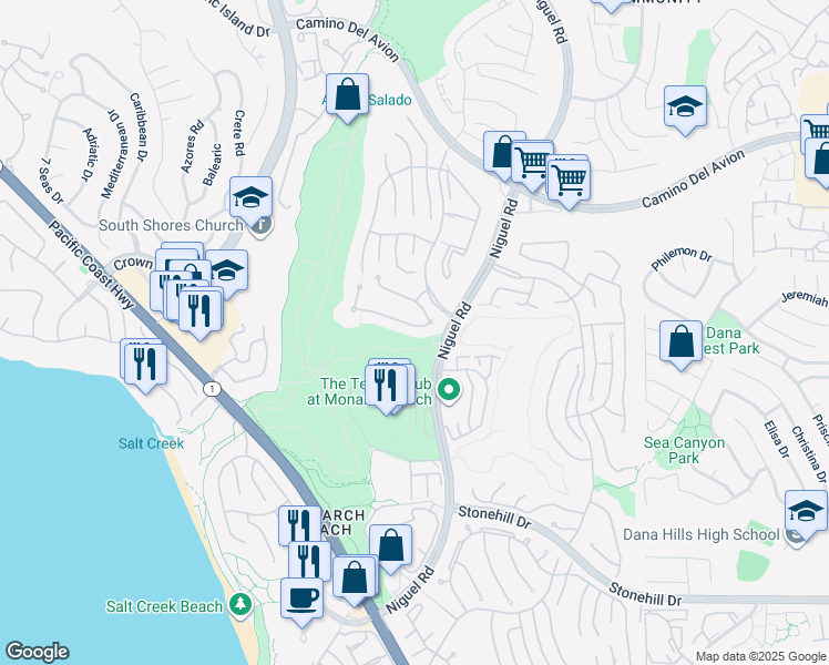 map of restaurants, bars, coffee shops, grocery stores, and more near 31 Via Monarca Street in Dana Point