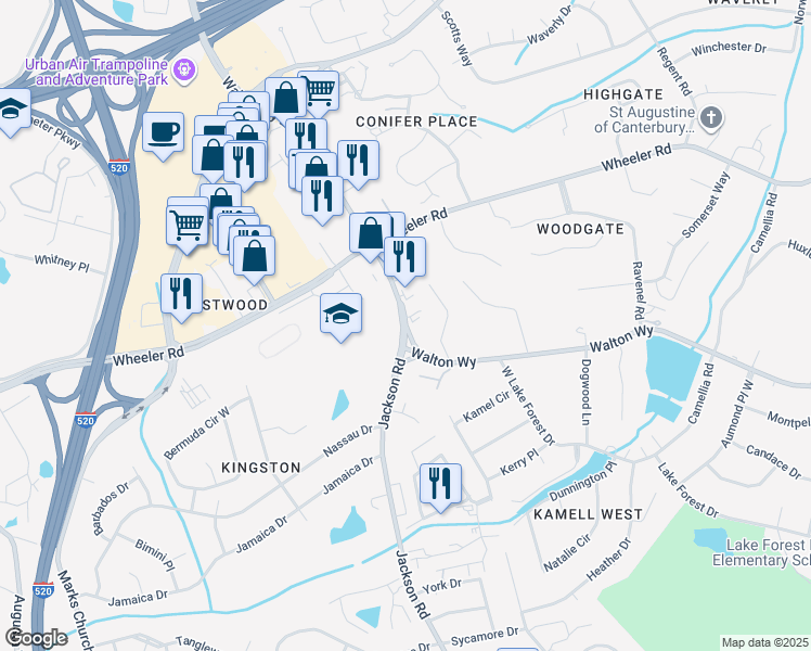 map of restaurants, bars, coffee shops, grocery stores, and more near 3019 Walton Way Extension in Augusta