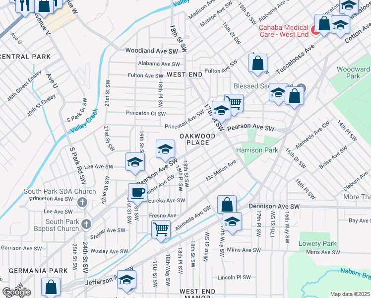 map of restaurants, bars, coffee shops, grocery stores, and more near 630 18th Street Southwest in Birmingham