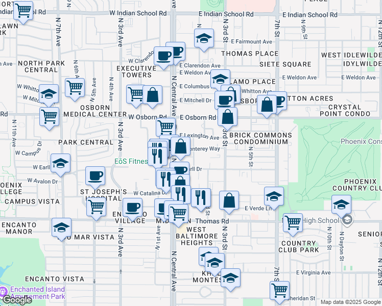 map of restaurants, bars, coffee shops, grocery stores, and more near 3131 North Central Avenue in Phoenix