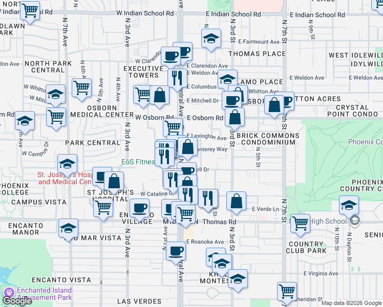 map of restaurants, bars, coffee shops, grocery stores, and more near 25 East Monterey Way in Phoenix