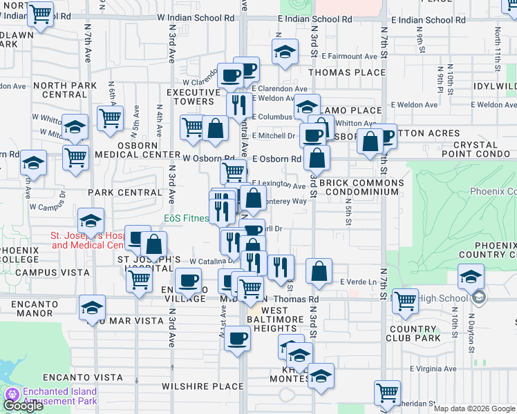 map of restaurants, bars, coffee shops, grocery stores, and more near 3131 North Central Avenue in Phoenix