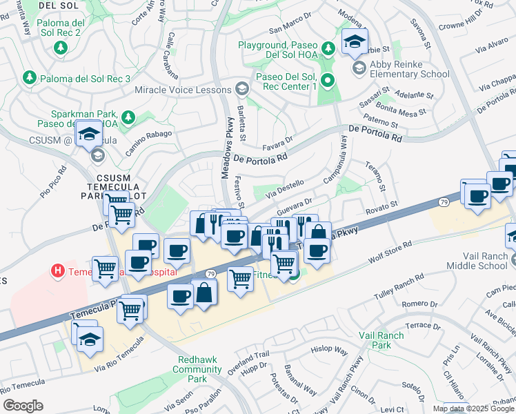 map of restaurants, bars, coffee shops, grocery stores, and more near 32339 Via Destello in Temecula