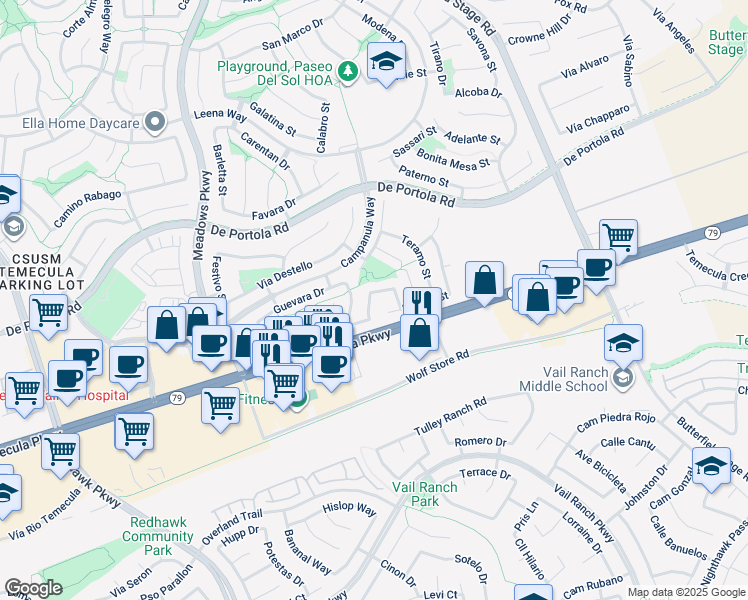 map of restaurants, bars, coffee shops, grocery stores, and more near 43150 Bassano Drive in Temecula