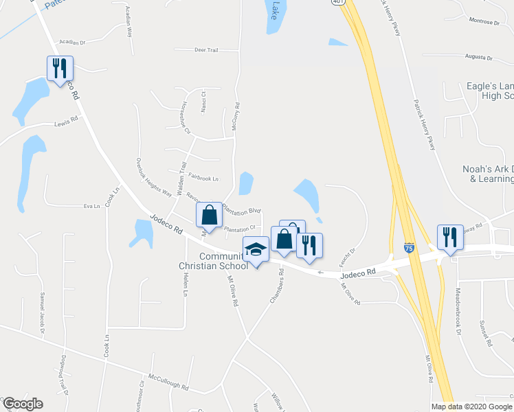 map of restaurants, bars, coffee shops, grocery stores, and more near 250 Plantation Boulevard in Stockbridge