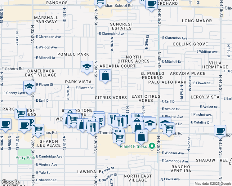 map of restaurants, bars, coffee shops, grocery stores, and more near 3705 East Cheery Lynn Road in Phoenix