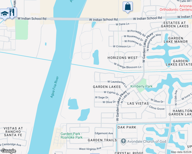 map of restaurants, bars, coffee shops, grocery stores, and more near 11610 West Laurelwood Lane in Avondale