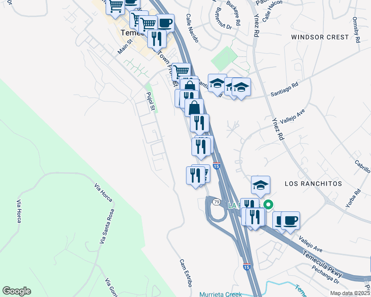 map of restaurants, bars, coffee shops, grocery stores, and more near 28975 Old Town Front Street in Temecula