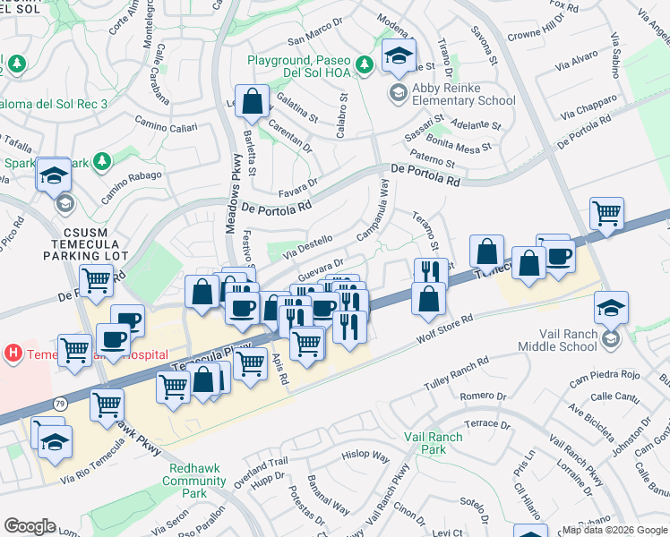 map of restaurants, bars, coffee shops, grocery stores, and more near 43171 Martina Court in Temecula