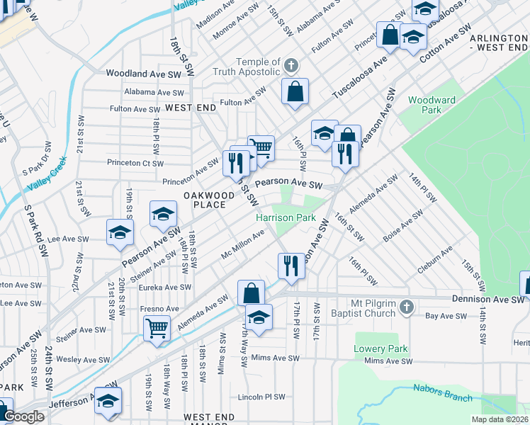 map of restaurants, bars, coffee shops, grocery stores, and more near 1729 Steiner Avenue Southwest in Birmingham