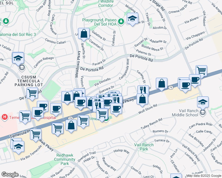 map of restaurants, bars, coffee shops, grocery stores, and more near 32585 Guevara Drive in Temecula