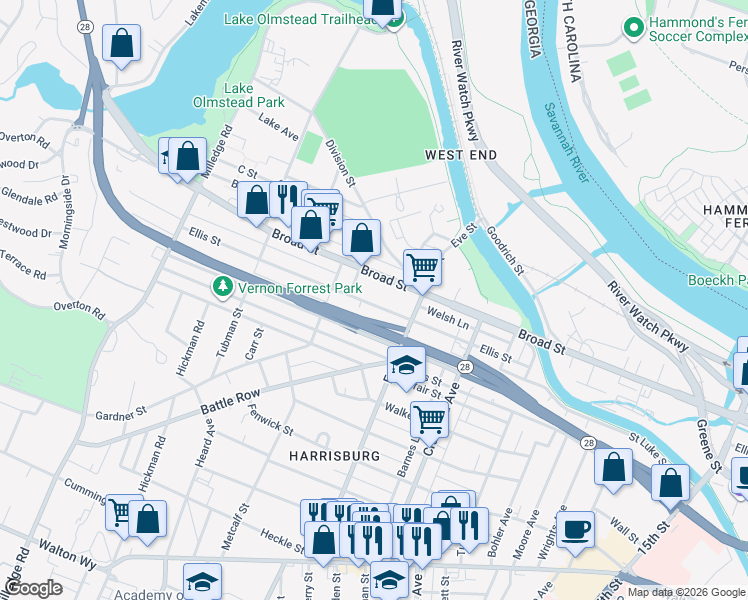 map of restaurants, bars, coffee shops, grocery stores, and more near 1924 Ellis Street in Augusta