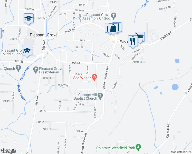map of restaurants, bars, coffee shops, grocery stores, and more near 2nd Avenue in Pleasant Grove