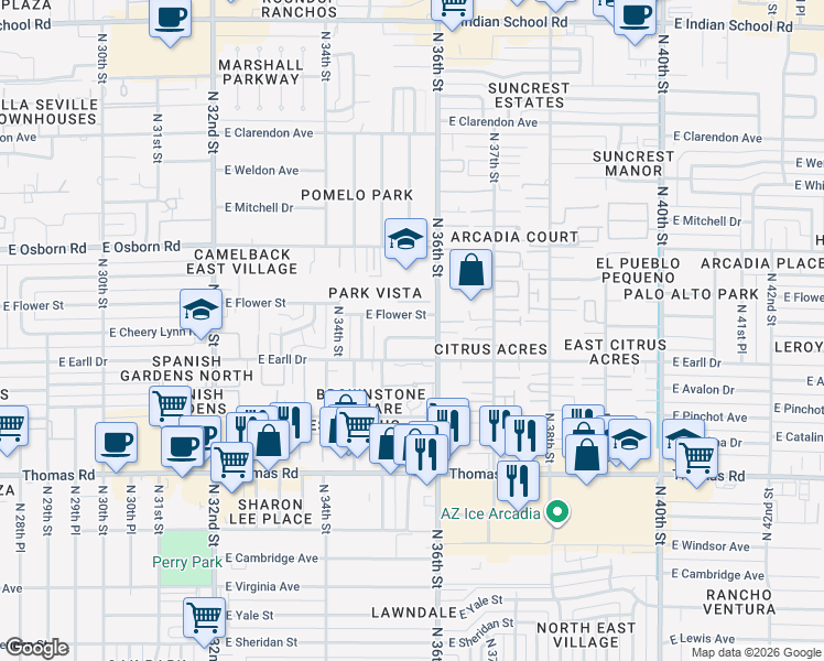 map of restaurants, bars, coffee shops, grocery stores, and more near 3532 East Earll Drive in Phoenix
