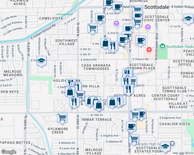 map of restaurants, bars, coffee shops, grocery stores, and more near 6932 East Earll Drive in Scottsdale