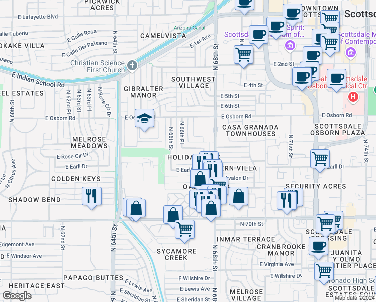 map of restaurants, bars, coffee shops, grocery stores, and more near 6631 East Cheery Lynn Road in Scottsdale