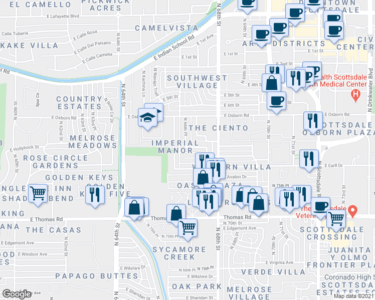map of restaurants, bars, coffee shops, grocery stores, and more near 6631 East Cheery Lynn Road in Scottsdale