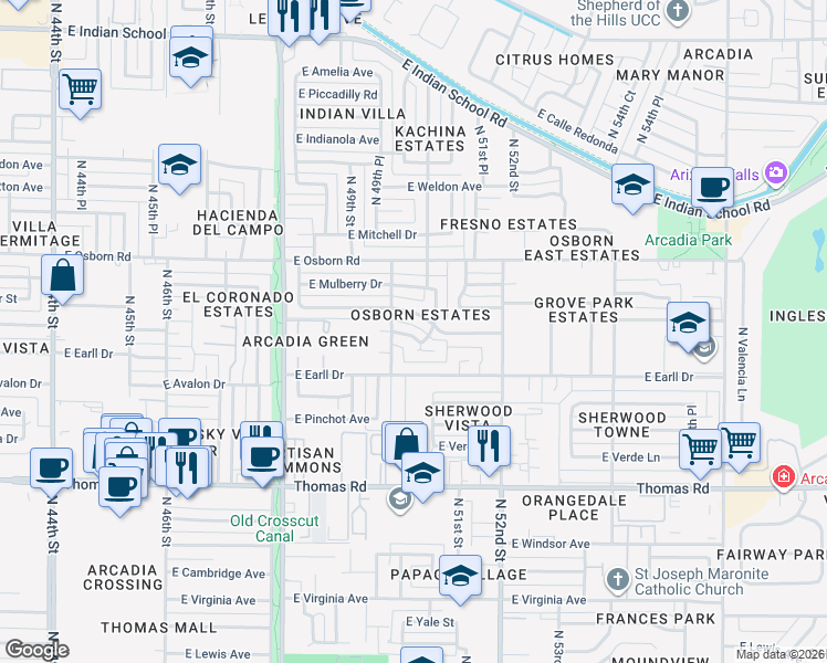 map of restaurants, bars, coffee shops, grocery stores, and more near 3121 North 50th Street in Phoenix
