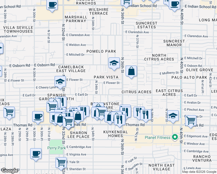 map of restaurants, bars, coffee shops, grocery stores, and more near 3106 North 35th Street in Phoenix