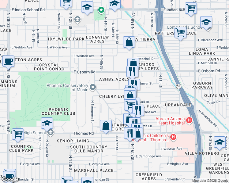 map of restaurants, bars, coffee shops, grocery stores, and more near 1554 East Cheery Lynn Road in Phoenix