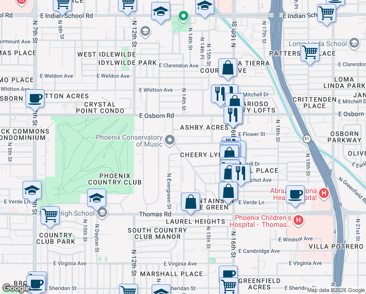 map of restaurants, bars, coffee shops, grocery stores, and more near 1528 East Cheery Lynn Road in Phoenix