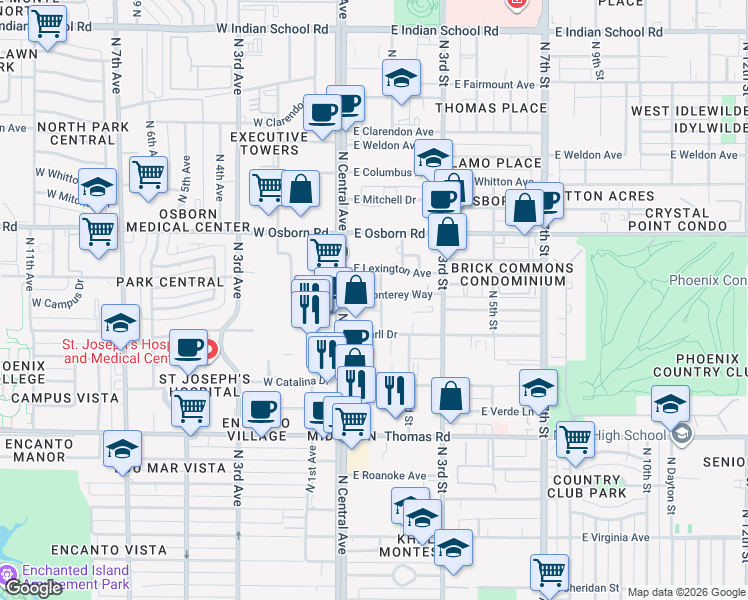 map of restaurants, bars, coffee shops, grocery stores, and more near 25 East Monterey Way in Phoenix