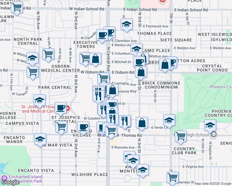 map of restaurants, bars, coffee shops, grocery stores, and more near 25 East Monterey Way in Phoenix